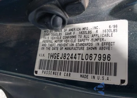 1996 Honda Civic Ex z USA, uszkodzony, nr VIN 1HGEJ8244TL067996